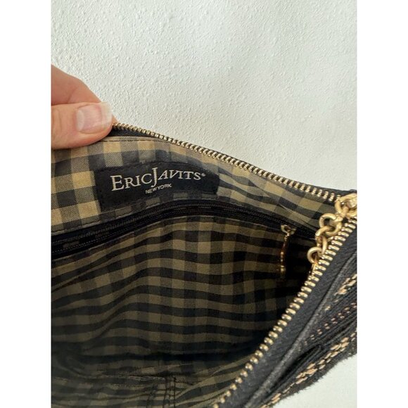 Eric Javits Woven Straw Leather Strap Zip Top Bag Purse Black Tan Brown Shoulder - Picture 7 of 7